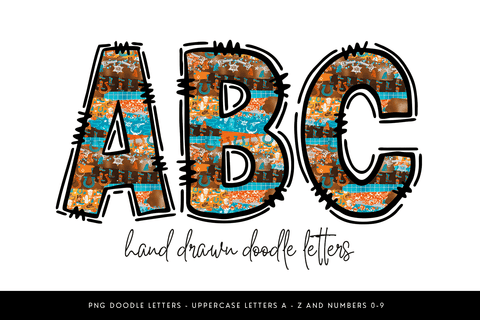 Cowboy Doodle Alpha PNG, Western Alphabet Sublimation BijouBay 