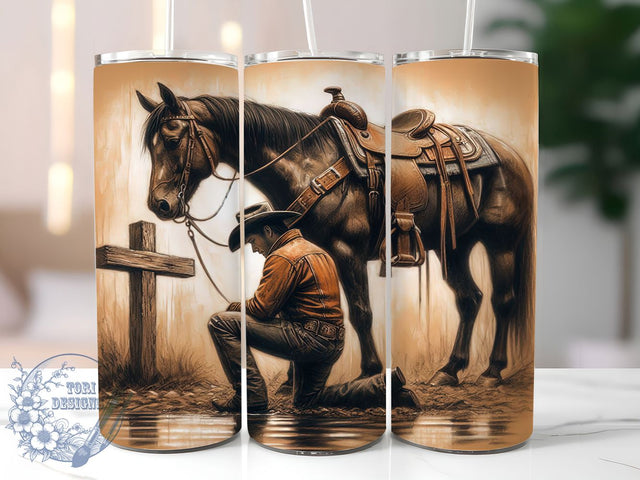 Cowboy Faith 20oz Tumbler Wrap, Kneeling Cowboy Design, Western Christian Mug, Horse and Cross Wrap, Rustic Faith Cup, Rodeo Prayer Tumbler, Sublimation Tumbler Wrap Sublimation ToriDesigns 