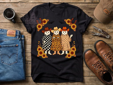 Cowboy Ghost Vibes T-Shirt PNG, Patterned Cloaks, Spooky Style, Halloween Fun, Sublimation PNG, Statement Shirt, Festive Vibes Sublimation SvggirlplusArt 