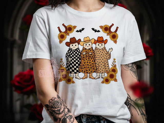 Cowboy Ghost Vibes T-Shirt PNG, Patterned Cloaks, Spooky Style, Halloween Fun, Sublimation PNG, Statement Shirt, Festive Vibes Sublimation SvggirlplusArt 