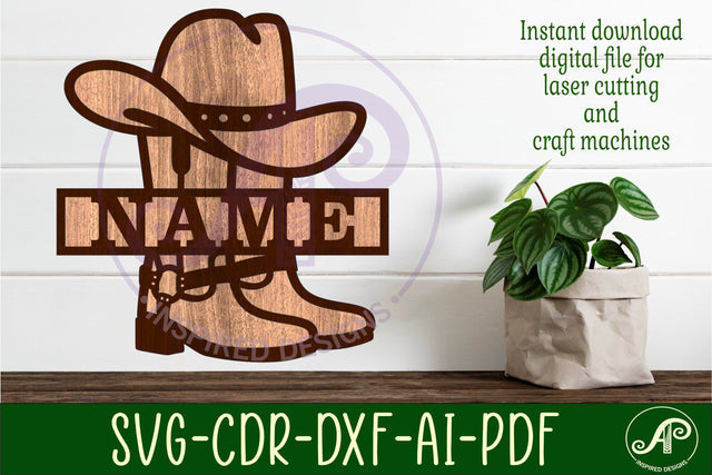Cowboy hat and boots design name sign svg laser cut template SVG APInspireddesigns 