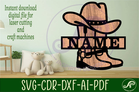 Cowboy hat and boots design name sign svg laser cut template SVG APInspireddesigns 