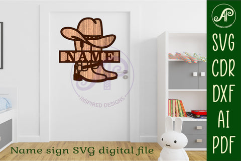 Cowboy hat and boots design name sign svg laser cut template SVG APInspireddesigns 