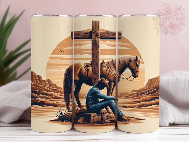 Cowboy Kneeling At Cross 20oz Tumbler Wrap PNG, Western Tumbler Png, Straight & Tapered Tumbler Wrap, Instant Digital Download Sublimation Li Zamperini 