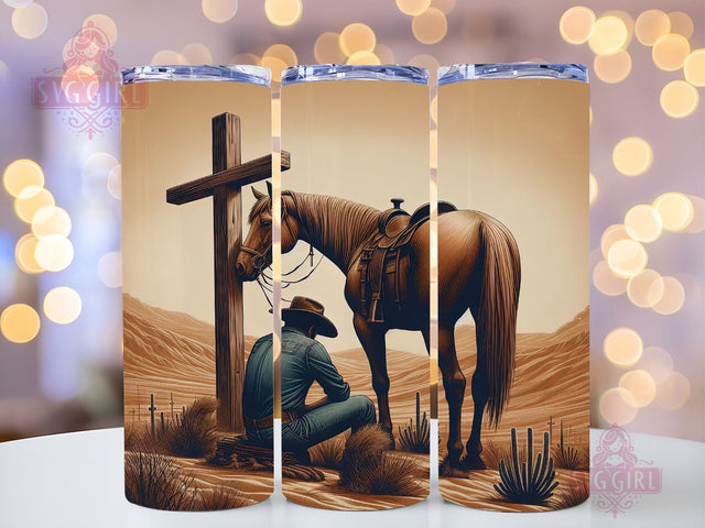 Cowboy Kneeling At Cross With a Horse 20oz Tumbler Wrap Sublimation Design, Straight Tapered Tumbler Wrap, Western Tumbler Png, Instant Digital Download Sublimation SvggirlplusArt 