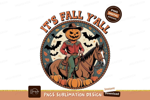 Cowboy pumpkin rider on horse with bats and pumpkins Sublimation Designangry 
