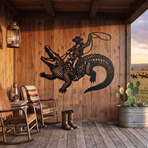 Cowboy Riding Alligator Laser SVG | Western Gator Metal Wall Art DXF | Rodeo Cowboy Laser Cut File | CNC Plasma Cut Svg | Rustic Ranch Decor SVG HappyDesignStudio 
