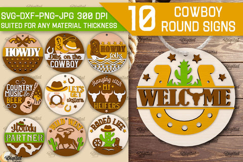 Cowboy Round Signs Laser Cut Bundle. Cowboy Western SVG SVG Evgenyia Guschina 