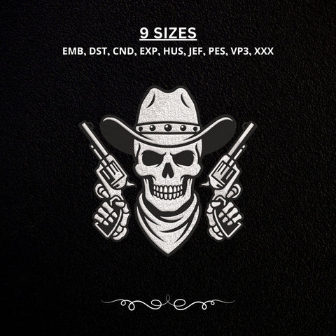 Cowboy Skull Embroidery Design – Western Skull with Revolvers Machine Embroidery File Embroidery/Applique DESIGNS PatternFeed8 