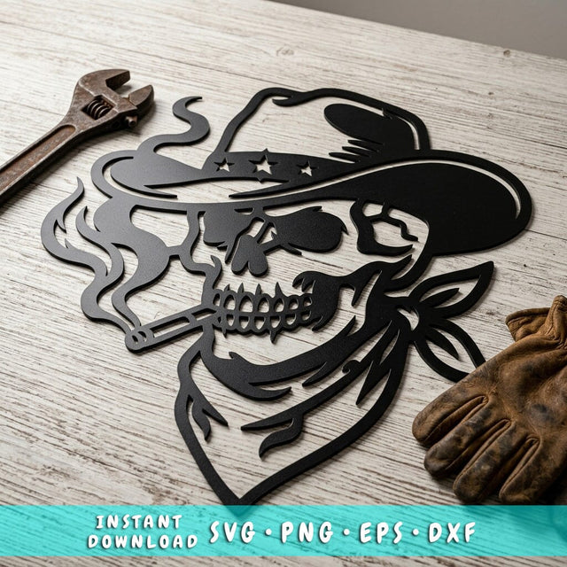 Cowboy Skull Laser SVG, Smoking Skull Western Hat Dxf Png Eps, Plasma CNC Cut File, Laser Cut Metal Wall Art, Rustic Western Skull Design SVG HappyDesignStudio 