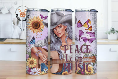 Cowboy Tumbler Wrap, Peace Love Music 20 Oz Skinny Sublimation Tumbler PNG, Country Western Tumbler Design Digital Download Sublimation Rabbitmakies 