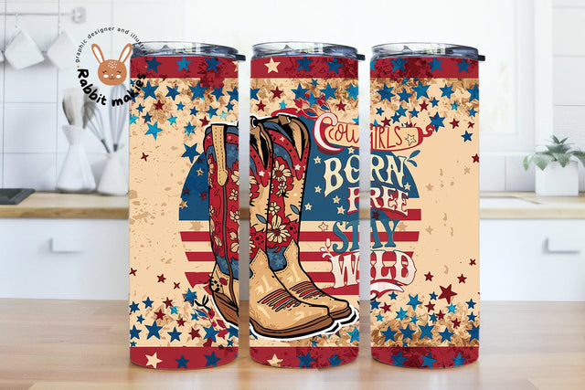 Cowgirl 4th July Tumbler - Patriotic USA Flag 20oz Skinny Tumbler, Sublimated Red White Blue Design Sublimation Rabbitmakies 