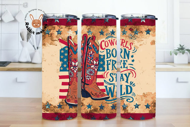 Cowgirl 4th July Tumbler - Patriotic USA Flag 20oz Skinny Tumbler, Sublimated Red White Blue Design Sublimation Rabbitmakies 