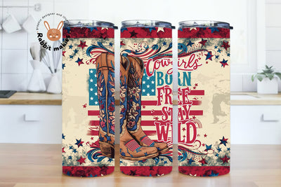 Cowgirl 4th July Tumbler - Patriotic USA Flag 20oz Skinny Tumbler, Sublimated Red White Blue Design Sublimation Rabbitmakies 