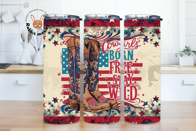 Cowgirl 4th July Tumbler - Patriotic USA Flag 20oz Skinny Tumbler, Sublimated Red White Blue Design Sublimation Rabbitmakies 