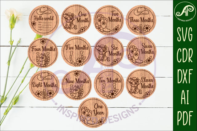 Cowgirl Baby monthly milestone discs SVG laser engraved SVG APInspireddesigns 