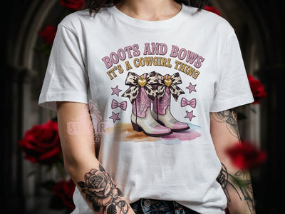Cowgirl Boots Bows T-Shirt PNG, Boots And Bows, Western Style, Cow Print Fashion, Sublimation PNG, Country Girl Shirt, Rodeo Apparel Sublimation SvggirlplusArt 