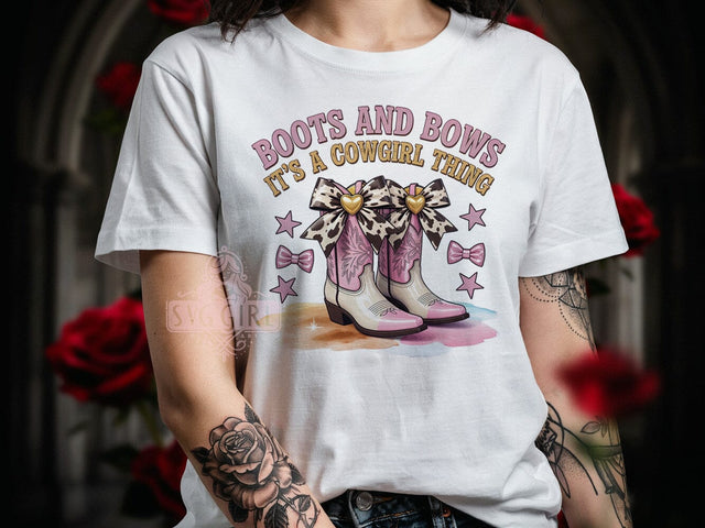Cowgirl Boots Bows T-Shirt PNG, Boots And Bows, Western Style, Cow Print Fashion, Sublimation PNG, Country Girl Shirt, Rodeo Apparel Sublimation SvggirlplusArt 