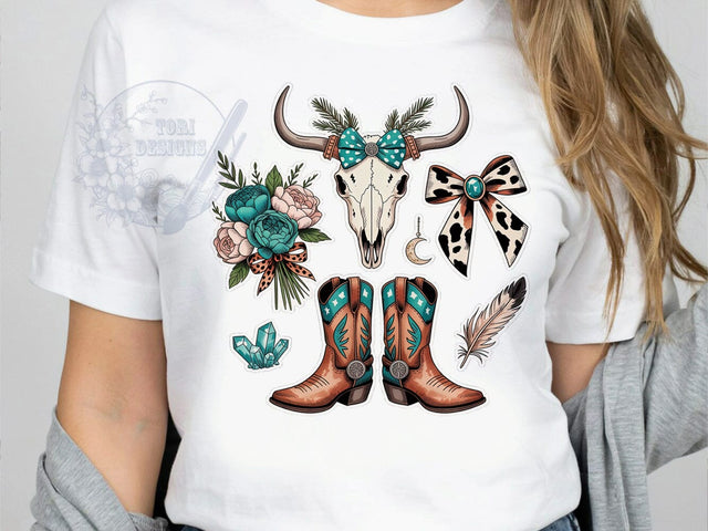 Cowgirl Boots Chic T-Shirt PNG, Turquoise Style, Western Boho, Bold Fashion, Sublimation PNG, Statement Shirt, Rodeo Chic Sublimation ToriDesigns 