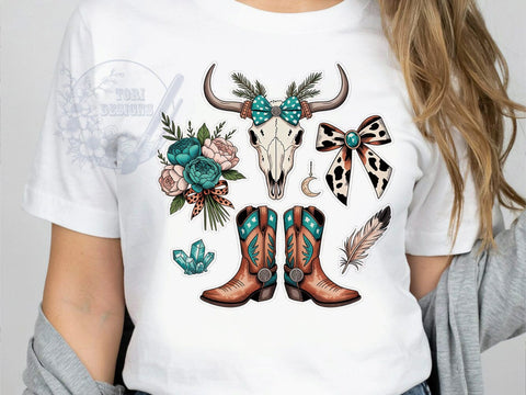 Cowgirl Boots Chic T-Shirt PNG, Turquoise Style, Western Boho, Bold Fashion, Sublimation PNG, Statement Shirt, Rodeo Chic Sublimation ToriDesigns 