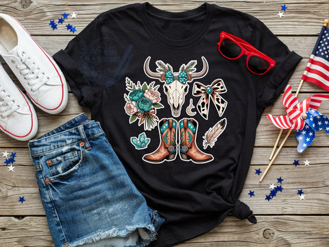 Cowgirl Boots Chic T-Shirt PNG, Turquoise Style, Western Boho, Bold Fashion, Sublimation PNG, Statement Shirt, Rodeo Chic Sublimation ToriDesigns 