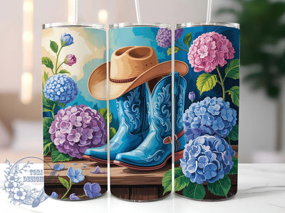 Cowgirl Boots Floral 20oz Tumbler, Blue Hydrangea, Floral Tumbler, 20oz Sublimation, PNG Design, Western Mug, Country Gift Sublimation ToriDesigns 