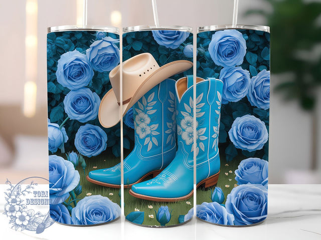 Cowgirl Boots Floral 20oz Tumbler, Blue Hydrangea, Floral Tumbler, 20oz Sublimation, PNG Design, Western Mug, Country Gift Sublimation ToriDesigns 
