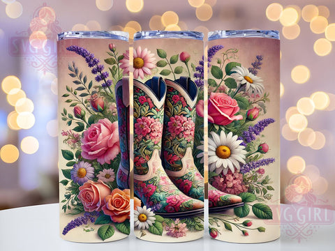 Cowgirl Boots Floral Western Country Chic Tumbler Wrap, 20oz Drinkware, Western Style Sublimation, Country Chic Tumbler, Floral Drinkware, Rustic Gifts Sublimation SvggirlplusArt 