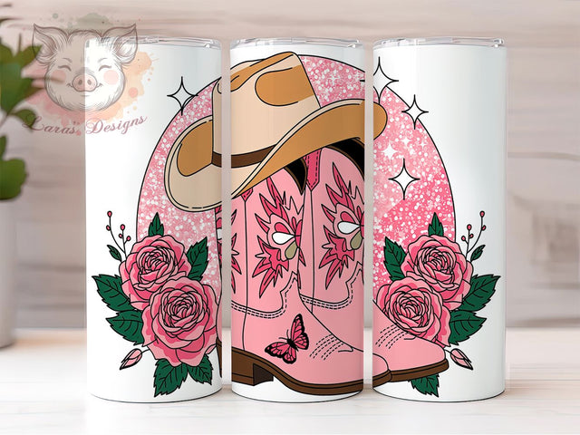 Cowgirl Boots Pink Western 20oz Tumbler, Pink Western Tumbler, 20oz Sublimation Wrap, Roses and Boots Design, Country Girl Tumbler, Rodeo Themed Drinkware, Floral Cowgirl Tumbler Sublimation Lara' s Designs 