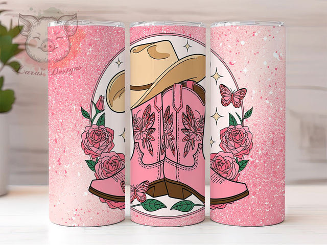 Cowgirl Boots Pink Western 20oz Tumbler, Pink Western Tumbler, 20oz Sublimation Wrap, Roses and Boots Design, Country Girl Tumbler, Rodeo Themed Drinkware, Floral Cowgirl Tumbler Sublimation Lara' s Designs 