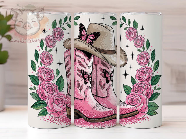 Cowgirl Boots Pink Western 20oz Tumbler, Pink Western Tumbler, 20oz Sublimation Wrap, Roses and Boots Design, Country Girl Tumbler, Rodeo Themed Drinkware, Floral Cowgirl Tumbler Sublimation Lara' s Designs 