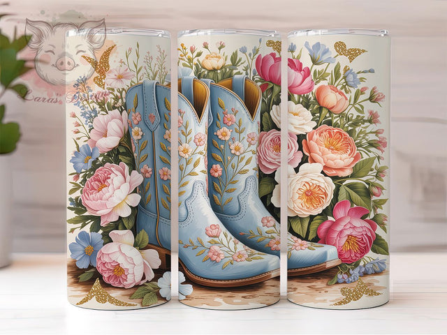 Cowgirl Boots Rustic Style 20oz Tumbler, Light Blue Boots, Floral Embroidery, Western Style, Rustic Fashion, 20oz Tumbler Wrap, Sublimation PNG Sublimation Lara' s Designs 