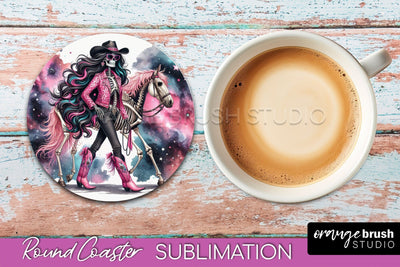 Cowgirl Coaster, Skeleton Round Coaster Sublimation Sublimation OrangeBrushStudio 