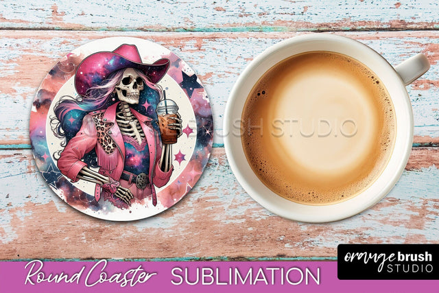 Cowgirl Coaster, Skeleton Round Coaster Sublimation Sublimation OrangeBrushStudio 