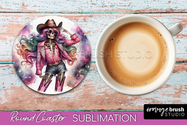 Cowgirl Coaster, Skeleton Round Coaster Sublimation Sublimation OrangeBrushStudio 