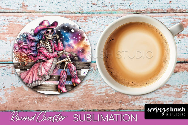 Cowgirl Coaster, Skeleton Round Coaster Sublimation Sublimation OrangeBrushStudio 