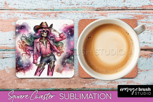 Cowgirl Coaster, Skeleton Square Coaster Sublimation Sublimation OrangeBrushStudio 