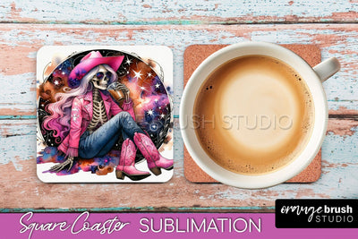 Cowgirl Coaster, Skeleton Square Coaster Sublimation Sublimation OrangeBrushStudio 