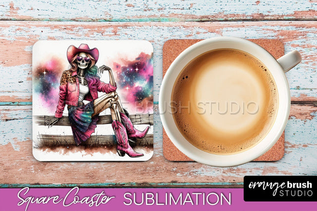 Cowgirl Coaster, Skeleton Square Coaster Sublimation Sublimation OrangeBrushStudio 