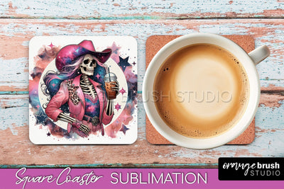 Cowgirl Coaster, Skeleton Square Coaster Sublimation Sublimation OrangeBrushStudio 