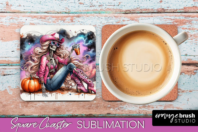 Cowgirl Coaster, Skeleton Square Coaster Sublimation Sublimation OrangeBrushStudio 
