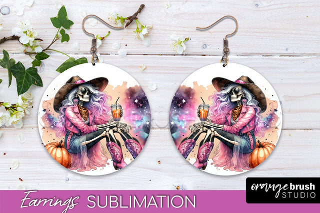 Cowgirl Earrings, Halloween Skeleton Round Earrings PNG Sublimation OrangeBrushStudio 
