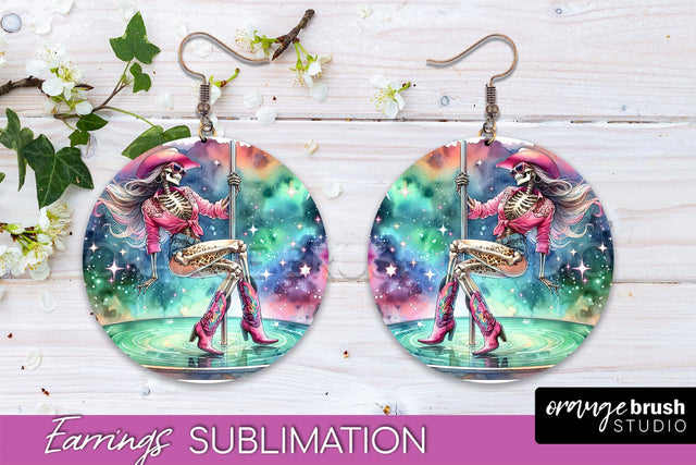 Cowgirl Earrings, Halloween Skeleton Round Earrings PNG Sublimation OrangeBrushStudio 