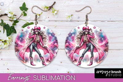 Cowgirl Earrings, Halloween Skeleton Round Earrings PNG Sublimation OrangeBrushStudio 