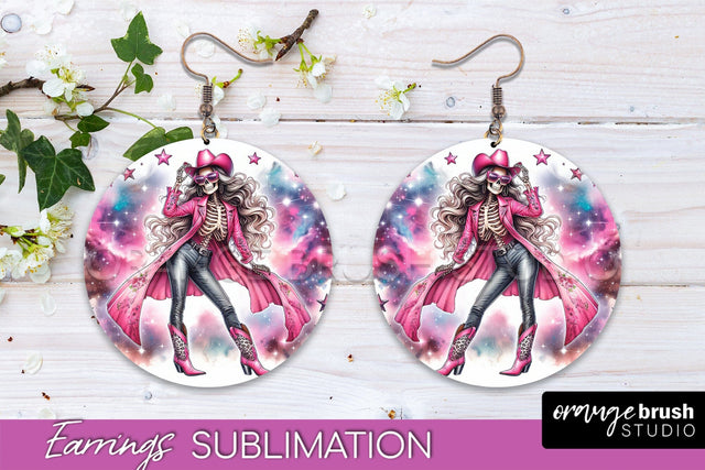 Cowgirl Earrings, Halloween Skeleton Round Earrings PNG Sublimation OrangeBrushStudio 