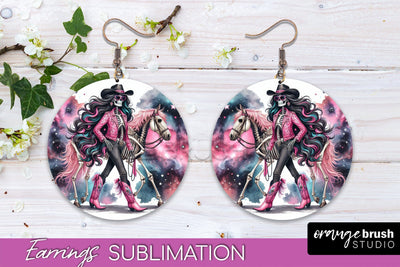 Cowgirl Earrings, Halloween Skeleton Round Earrings PNG Sublimation OrangeBrushStudio 