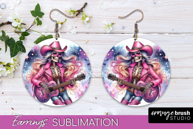 Cowgirl Earrings, Halloween Skeleton Round Earrings PNG Sublimation OrangeBrushStudio 