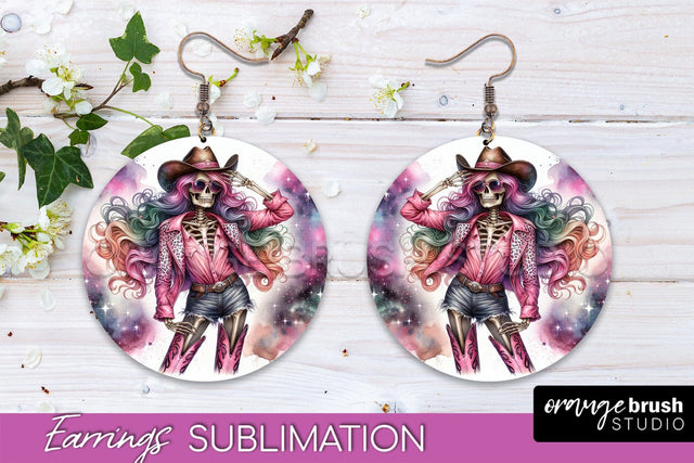 Cowgirl Earrings, Halloween Skeleton Round Earrings PNG Sublimation OrangeBrushStudio 