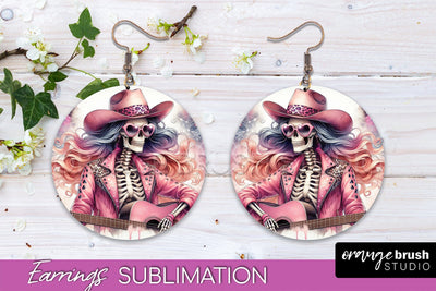 Cowgirl Earrings, Halloween Skeleton Round Earrings PNG Sublimation OrangeBrushStudio 