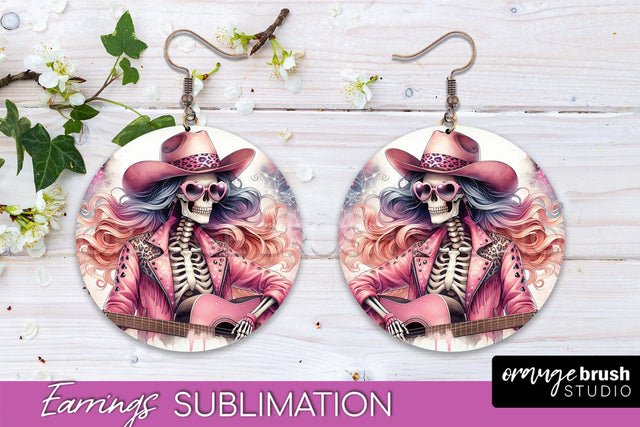 Cowgirl Earrings, Halloween Skeleton Round Earrings PNG Sublimation OrangeBrushStudio 